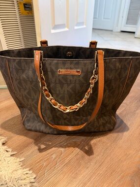 Michael Kors Brown MK Signature Tote with Tan Leather and Gold Chain Detail